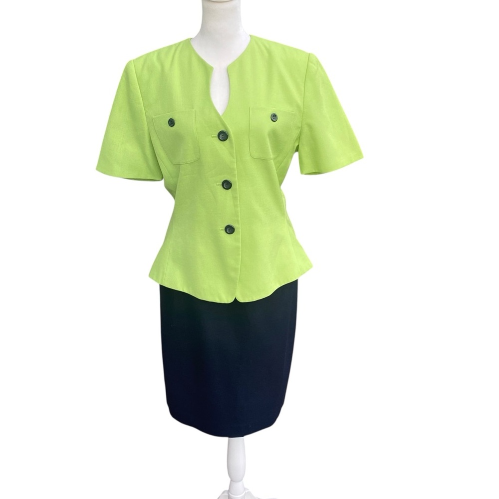 Le Suit Ladies Green And‎ Navy Short Sleeve Skirt Set Pockets Career Church 8